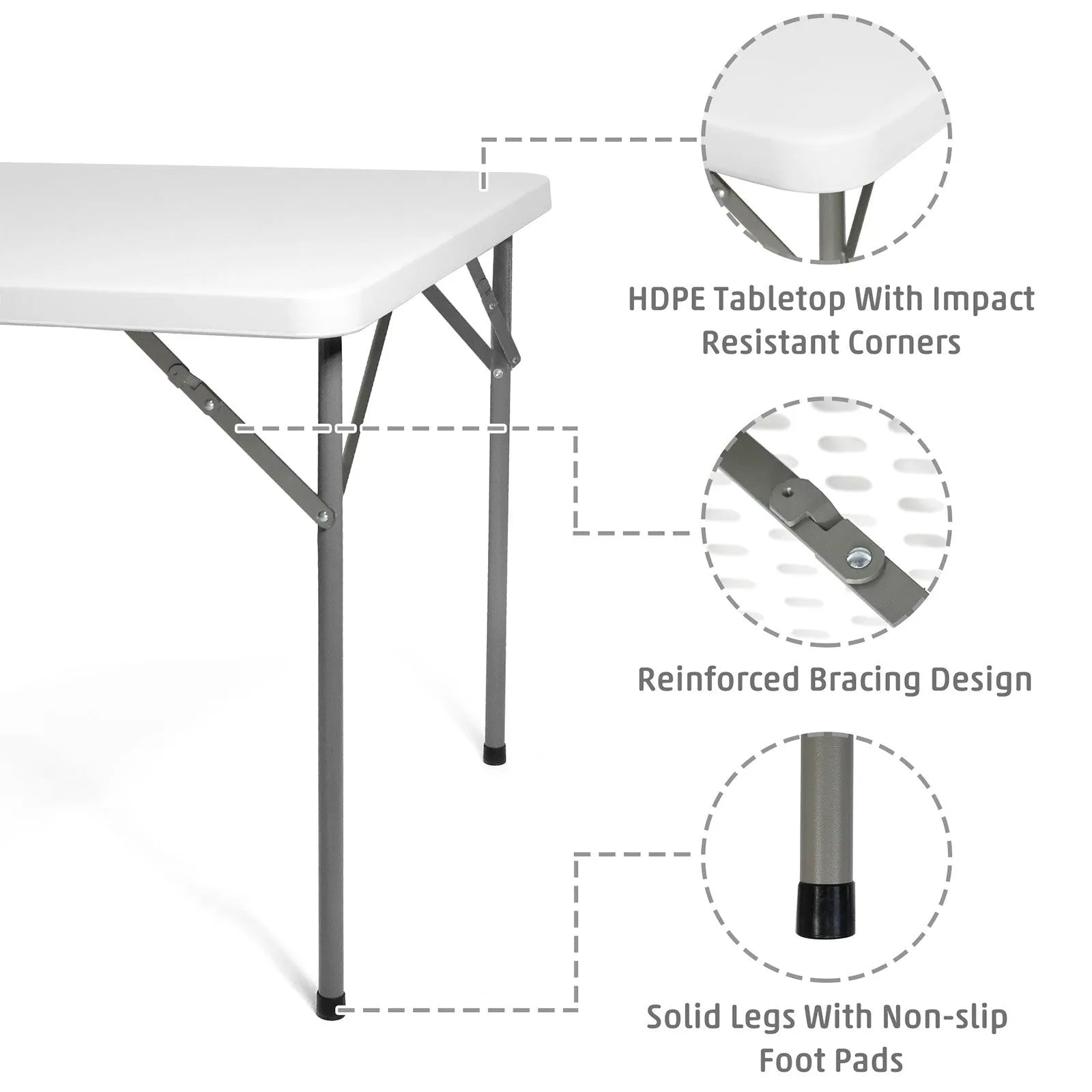 34" Portable Folding Plastic Square Table for 4 Picnic Dining Table with Carry Handle, White