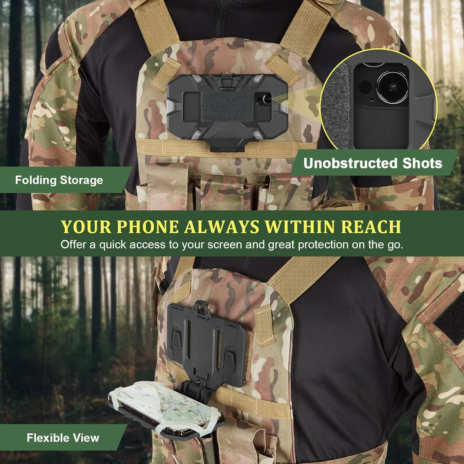 AGPTEK Universal Molle Tactical Phone Holder - Chest Mount for Tactical Vests and Plate Carriers, Fits 4.7"-6.7" Phones, Ideal for Outdoor Paintball, Airsoft, and Hunting