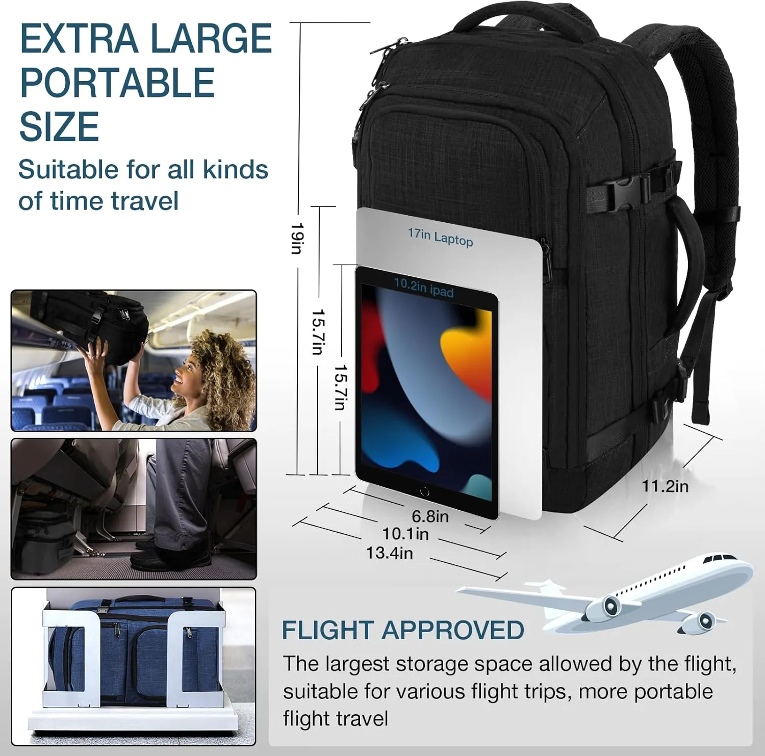 Dinictis 40L Travel Backpack Carry on Flight Approved, Backpack Suitcase for Travel, Personal Item Travel Bag fits 17 inch Laptop- Black