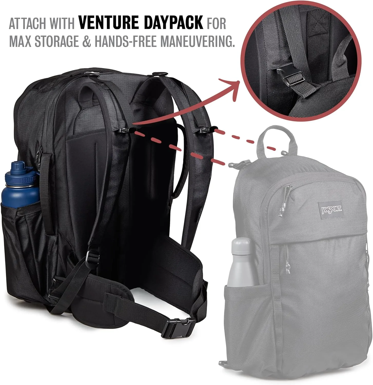 JanSport Venture Daypack  Travel Pack With Large Main Compartment, Padded Laptop Sleeve, Dual Water Bottle Pockets, and Attachment Buckles, Black