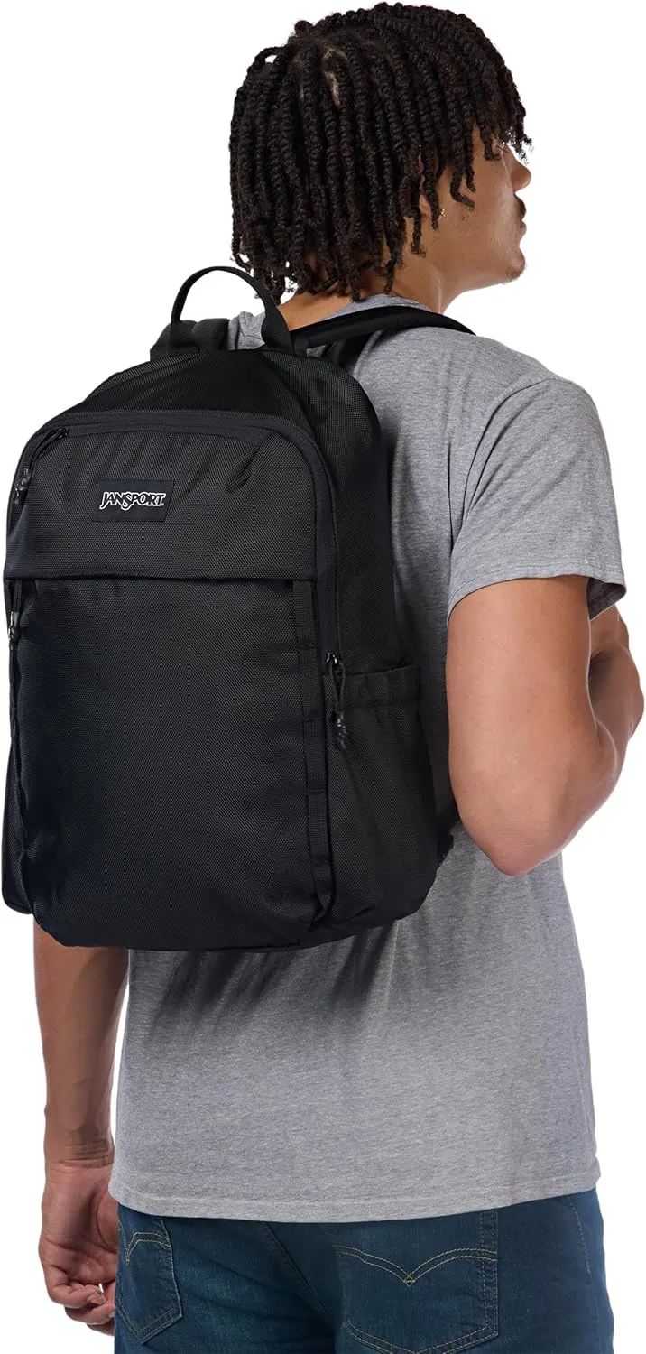 JanSport Venture Daypack  Travel Pack With Large Main Compartment, Padded Laptop Sleeve, Dual Water Bottle Pockets, and Attachment Buckles, Black