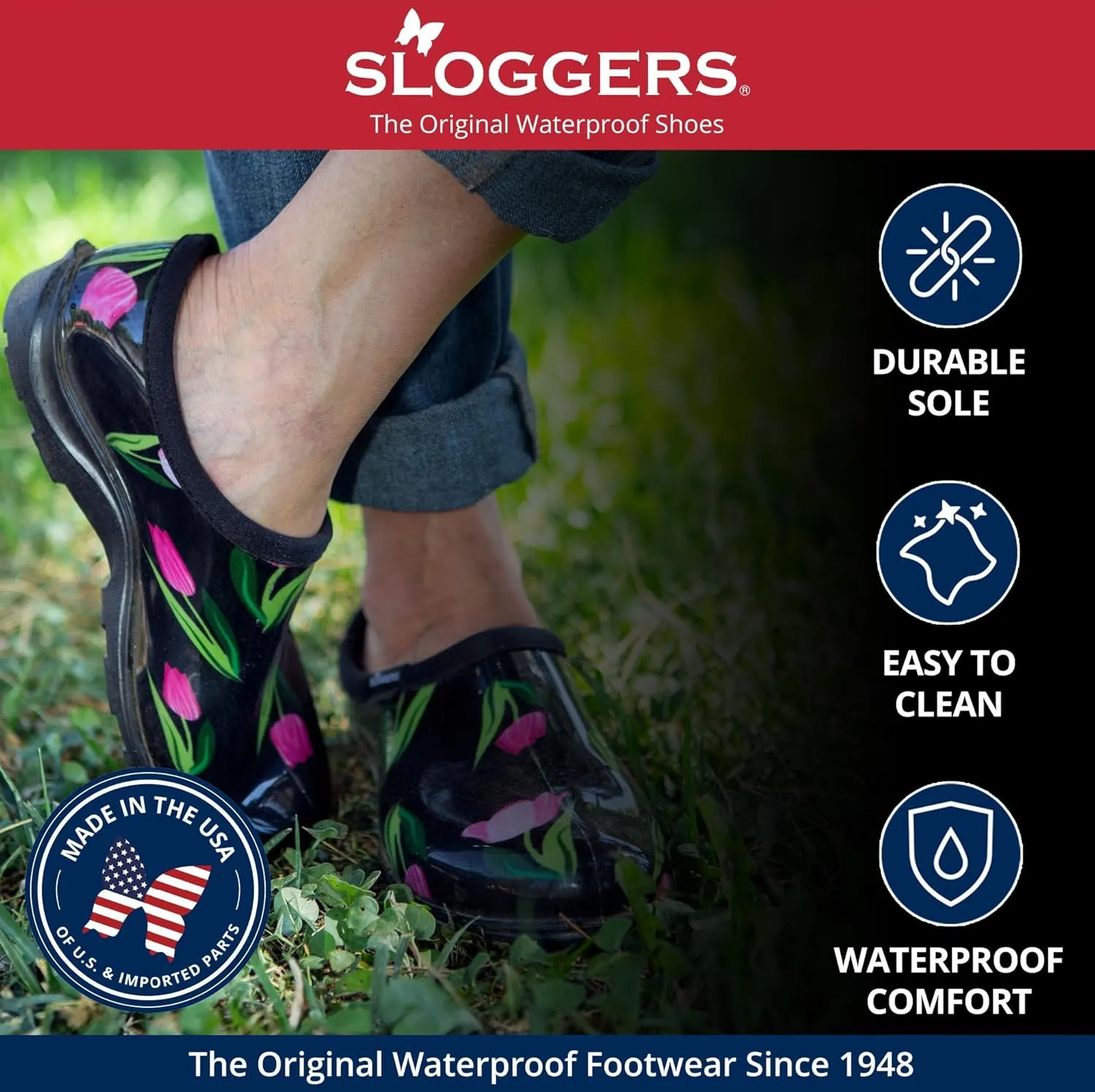 Sloggers Original Waterproof Rain and Garden Shoe for Women Outdoor Slip-On Garden Clog - Made in The USA with Premium Comfort Insole and Arch Support - Blue Spring Surprise Print, Size 8