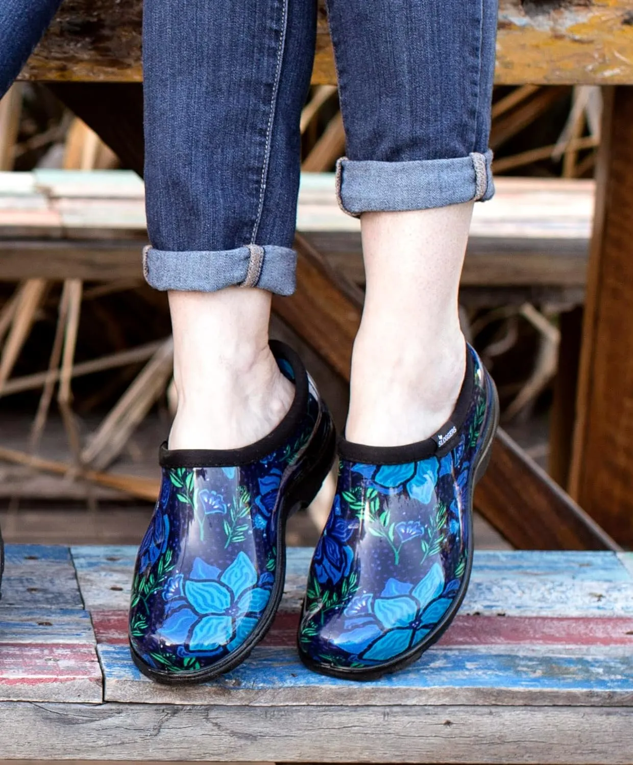 Sloggers Original Waterproof Rain and Garden Shoe for Women Outdoor Slip-On Garden Clog - Made in The USA with Premium Comfort Insole and Arch Support - Blue Spring Surprise Print, Size 8