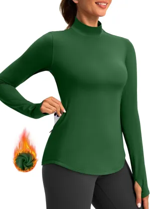 Thermal Shirts for Women Long Sleeve Mock Neck Fleece Tops Running Workout Cold Weather Gear with Zip Pocket