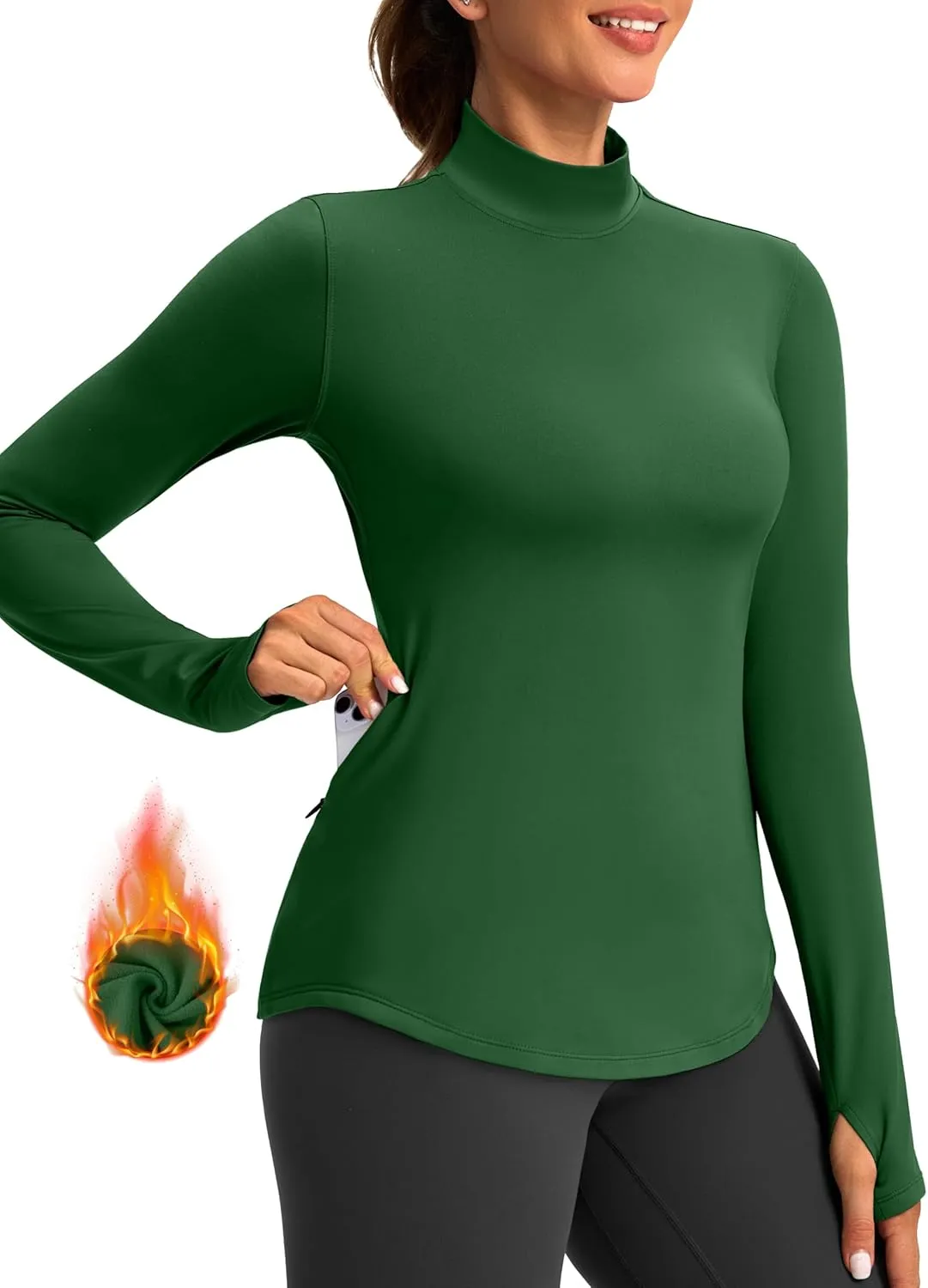 Thermal Shirts for Women Long Sleeve Mock Neck Fleece Tops Running Workout Cold Weather Gear with Zip Pocket