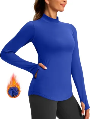 Thermal Shirts for Women Long Sleeve Mock Neck Fleece Tops Running Workout Cold Weather Gear with Zip Pocket